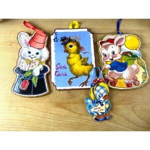 Vintage Easter Glittered Ornaments - Bunny Chick & Duck Set Retro Style Decorati